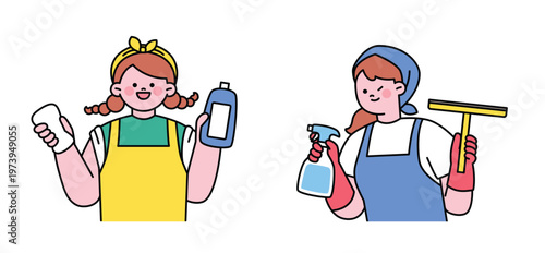 Wearing an apron and headband, ready to clean! Cute character with a round face. Upper body illustration.
