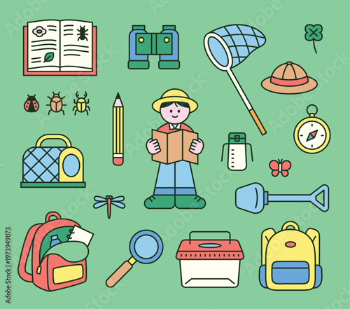 A collection of supplies needed for a nature field trip with a cute child. Cute character with a round face, featuring a design and geometric shape.