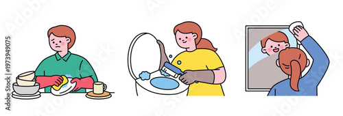 Washing dishes, cleaning the bathroom, cleaning the toilet, wiping the mirror. Cute character with a round face. Upper body illustration.