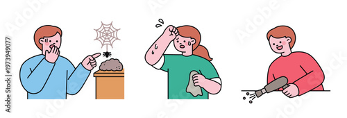 Dusty house, cleaning is hard, handheld vacuum cleaner. Cute character with a round face. Upper body illustration.