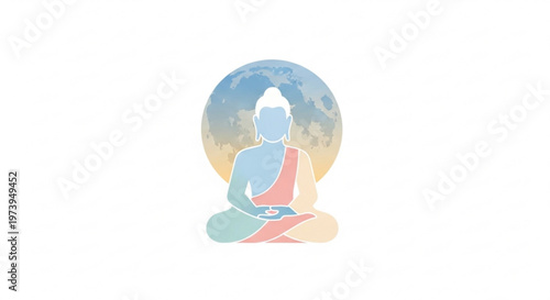 Meditating buddha sits serenely in lotus position against a vibrant moonlit background with warm gradient hues