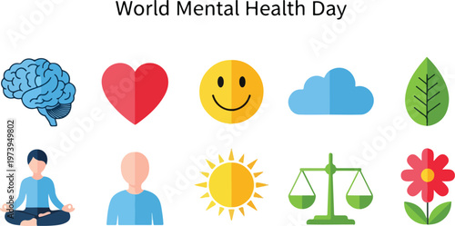 World Mental Health Day Symbols for well-being, mind, emotions, health, and a positive outlook