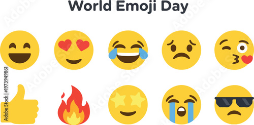 Collection of Popular Emojis Celebrating World Emoji Day with Various Emotions and Symbols