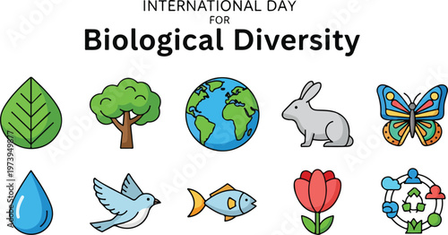 Celebrate International Day for Biological Diversity with beautiful icons of nature and life