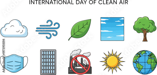 International Day of Clean Air illustrations featuring nature elements and pollution prevention icons