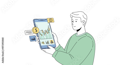 Man holding smartphone with graph.