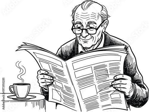 Elderly man reading newspaper, senior man with glasses, morning coffee, relaxation, lifestyle illustration, retirement, leisure activity, sketch drawing