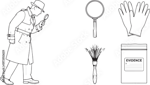 Detective in Trench Coat with Magnifying Glass and Forensic Evidence Kit Line Art Illustration