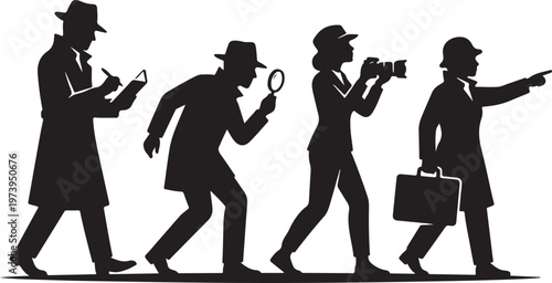 Team of Professional Investigators Silhouette including Detective, Journalist, and Photographer searching for Clues and News. Private Eye and Reporter characters.