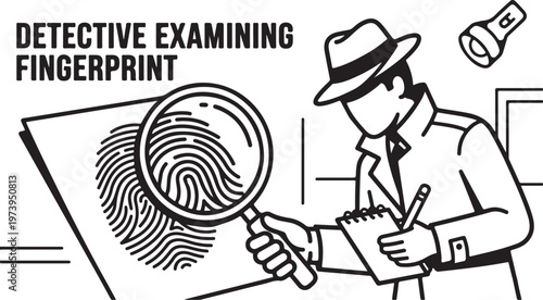 Detective Examining Fingerprint with Magnifying Glass, Private Investigator Sleuth Analyzing Evidence, Vector Line Art Illustration.