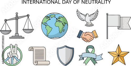 Illustrative Icons Representing Peace, Justice, Diplomacy, and Neutrality