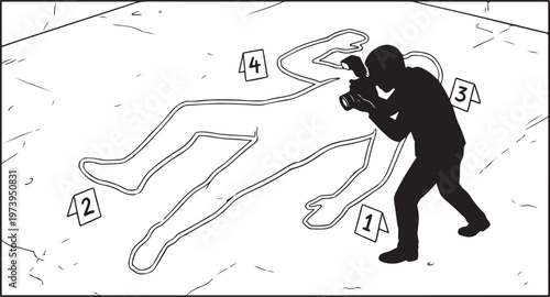Silhouette of a Forensic Photographer Documenting a Crime Scene with a Chalk Outline and Evidence Markers on the Floor