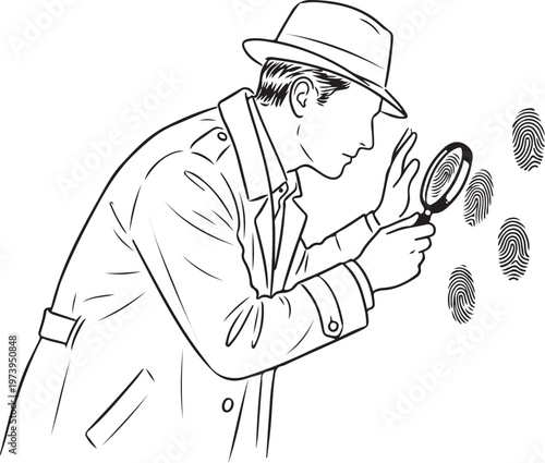  Detective in Fedora and Trench Coat Examining Fingerprints with a Magnifying Glass, Classic Private Investigator Line Art Illustration, Forensic Evidence Analysis
