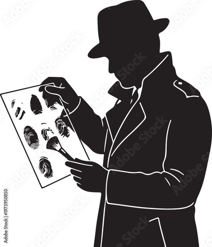Silhouette of a Detective in a Fedora and Trench Coat Examining Fingerprints on a Glass Plate with a Brush, Investigator or Private Eye Solving a Mystery Crime Case.