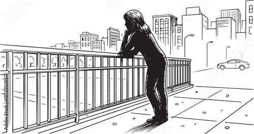 Hand-drawn line art illustration of a woman leaning on a bridge railing looking at a city skyline cityscape, urban contemplation and solitude sketch
