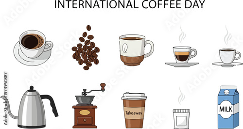Collection of coffee-related items and beverages for International Coffee Day celebration