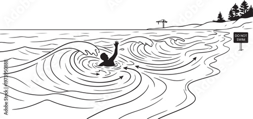 Illustration of a Swimmer Caught in a Dangerous Rip Current or Undertow at the Beach, Showing Water Flow and Waves with a Warning Sign.
