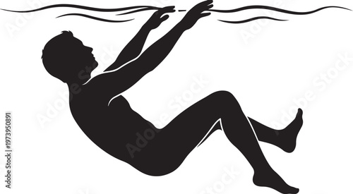 Silhouette of a Man Floating or Drowning Underwater Reaching for the Surface, Concept of Struggle, Hope, and Survival.