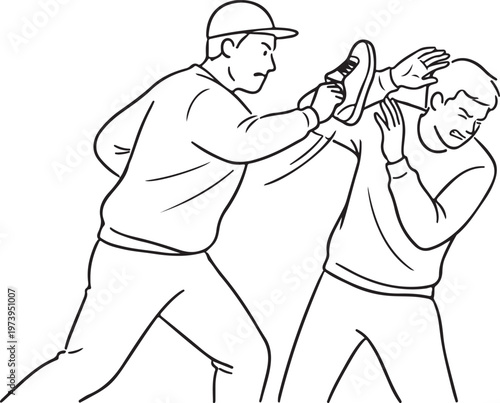 Two Men Fighting in Line Art Illustration, Physical Assault Scene Depicting Violence, Conflict and Bullying Concept.