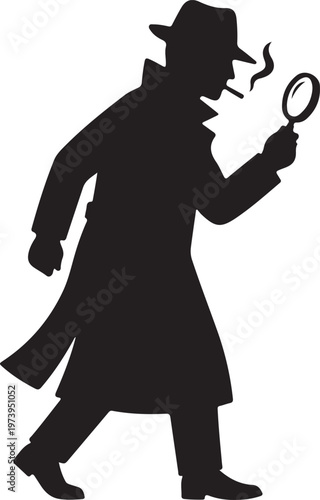 Black silhouette of a detective or private investigator in a fedora and trench coat holding a magnifying glass and smoking while searching for clues, mystery and noir investigation concept.eps