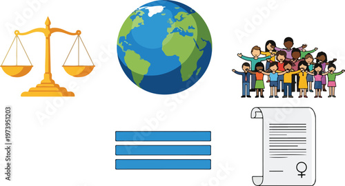 Diverse group of people with globe, scales of justice, and legal document representing equality and global human rights