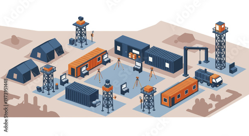 Isometric Military Base with Tents, Containers, and Watchtowers.
