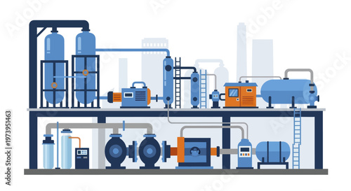 Industrial water treatment plant with pumps and tanks.