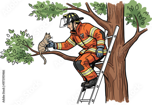 Firefighter rescuing a cat from a tree using a ladder, brave emergency worker saving animal, safety rescue operation illustration