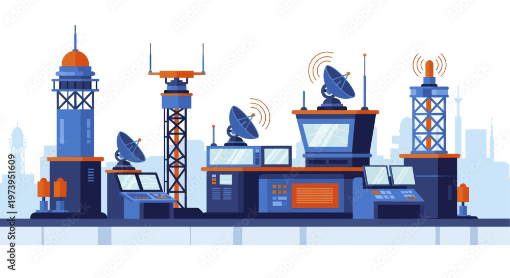 Naklejka premium Modern Communication and Technology Hub with Antennas and Satellites.