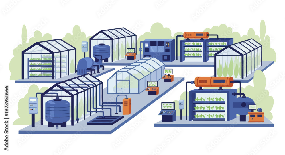 Fototapeta premium Modern Hydroponic Farm System with Greenhouses and Industrial Equipment.