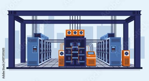 Modern Data Center Infrastructure with Server Racks and Network Equipment.