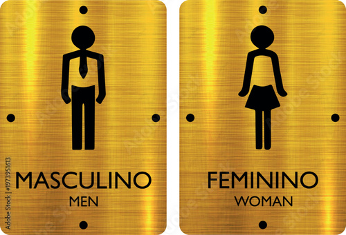 Placas Banheiro Modernas Masculino e Feminino com Textura Dourada e Símbolos Pretos
