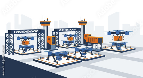 Modern Drone Delivery Hub with Multiple Landing Pads and Charging Stations.