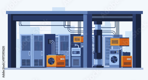 Modern Data Center Server Room with Cooling Systems.