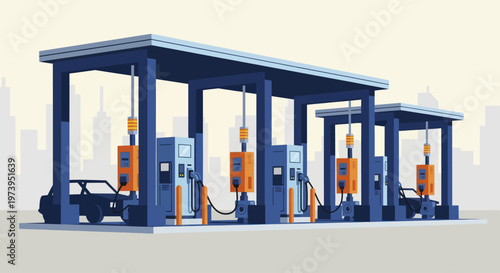 Modern Gas Station With Multiple Fuel Pumps Under Canopy.