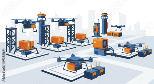 Modern drone delivery system with automated loading stations and cargo drones.