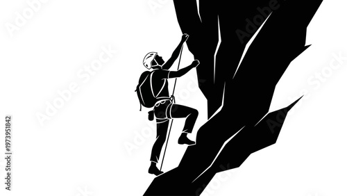 Man Climbing Rock Face with Rope.