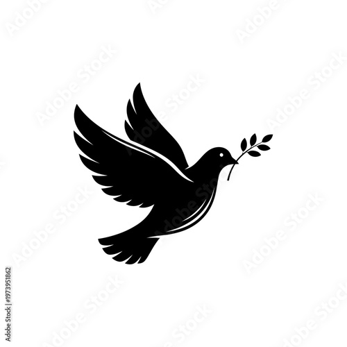 Dove Flying with Olive Branch in Beak.