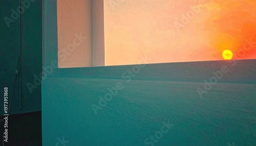현대적인 감각의 청록색 벽면과 기하학적인 창틀 구조를 통해 바라본 황홀한 오렌지빛 일몰과 둥근 태양이 조화를 이루는 미니멀하고 평온한 분위기의 추상적인 배경 이미지