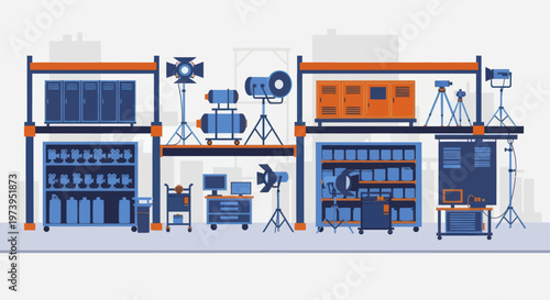 Professional film and photography studio equipment storage and setup.