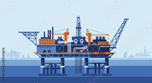 Offshore oil rig platform in the ocean industrial structure for energy production.