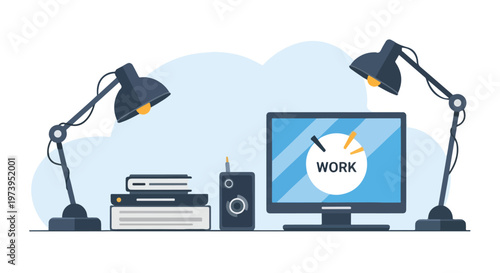 This vector illustration depicts a clean workspace with two desk lamps, a stack of books, and a computer monitor displaying the word "WORK".
