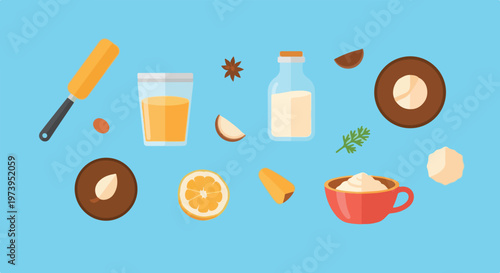 This vector illustration depicts various ingredients such as juice, milk, and spices arranged on a light blue background in a flat design style.