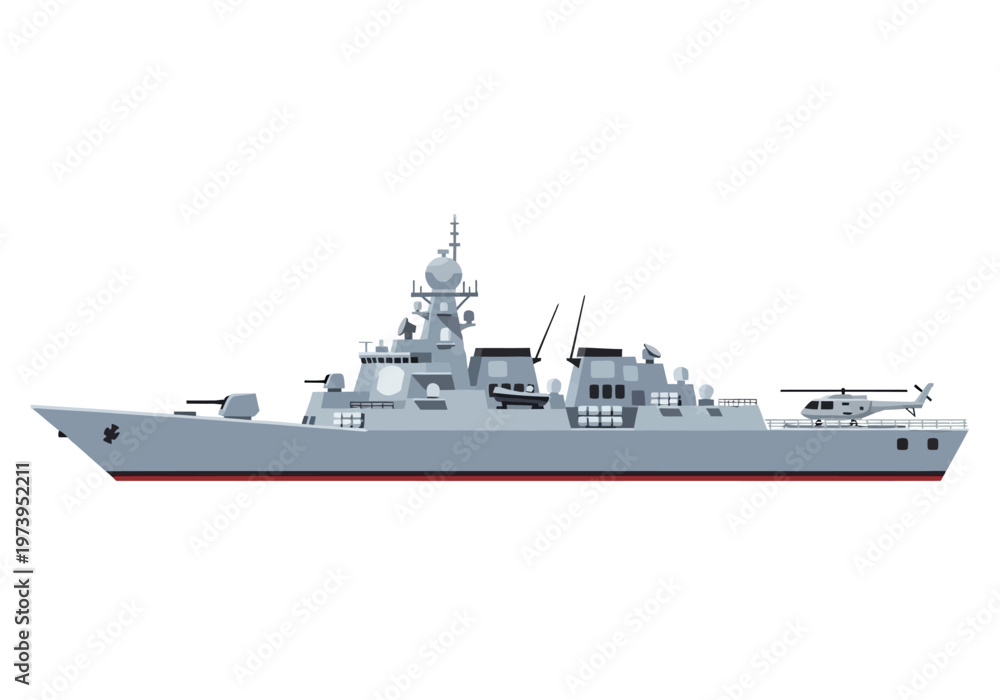 Fototapeta premium Modern Warship with Helicopter Deck and Armaments.