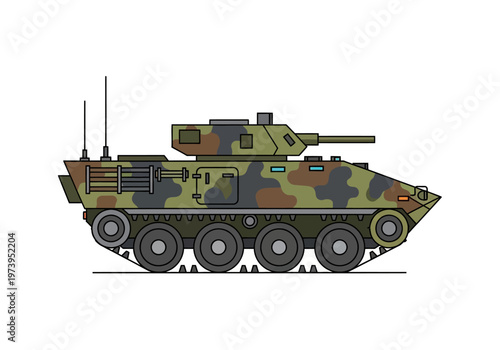 Armored Military Vehicle with Camouflage Pattern.