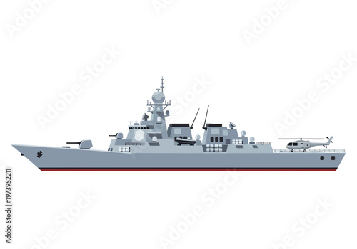 Modern Warship with Helicopter Deck and Armaments.