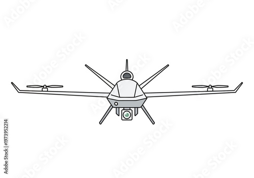 Modern Military Drone with Propellers and Camera.
