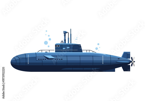 A detailed illustration of a modern blue submarine sailing underwater.