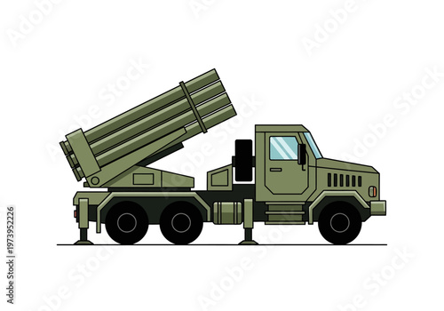 Military Rocket Launcher Vehicle on White Background.