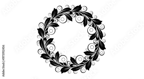 Black and white floral wreath illustration.